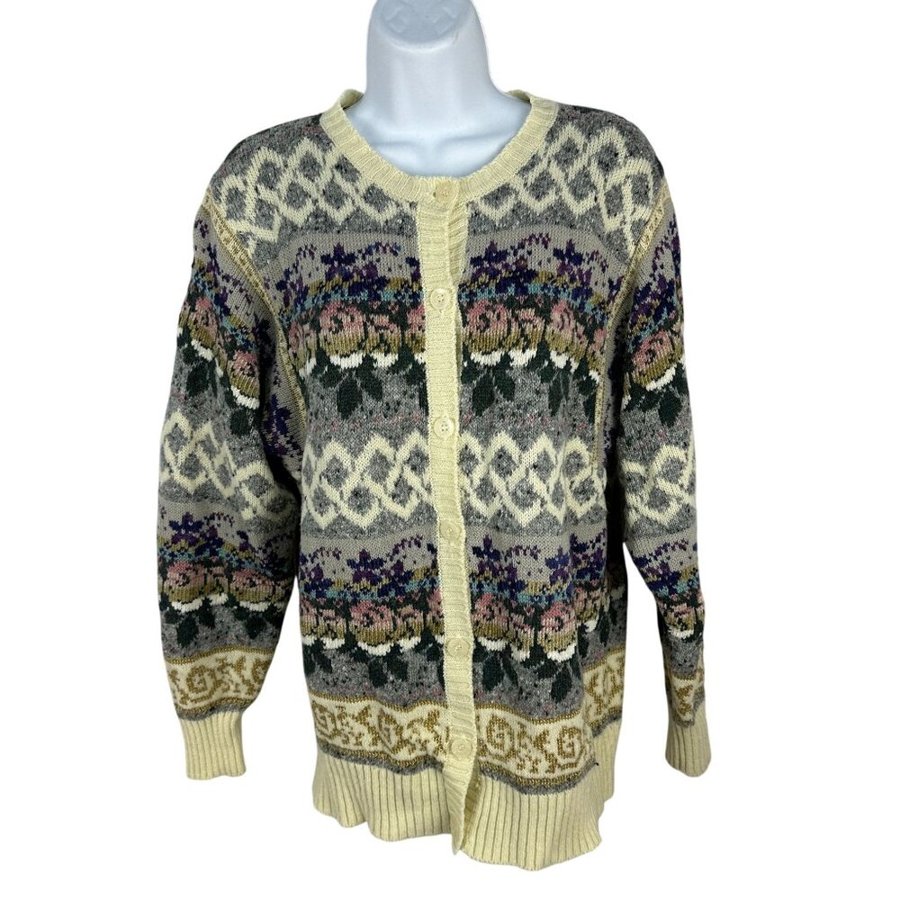 The Import Workshop Womens Medium Floral Knit Cardigan Cream Multicolor